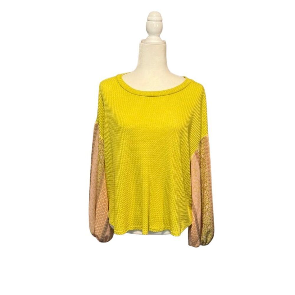 Blu Pepper yellow waffle knit blouse with blouson orange floral sleeves - L